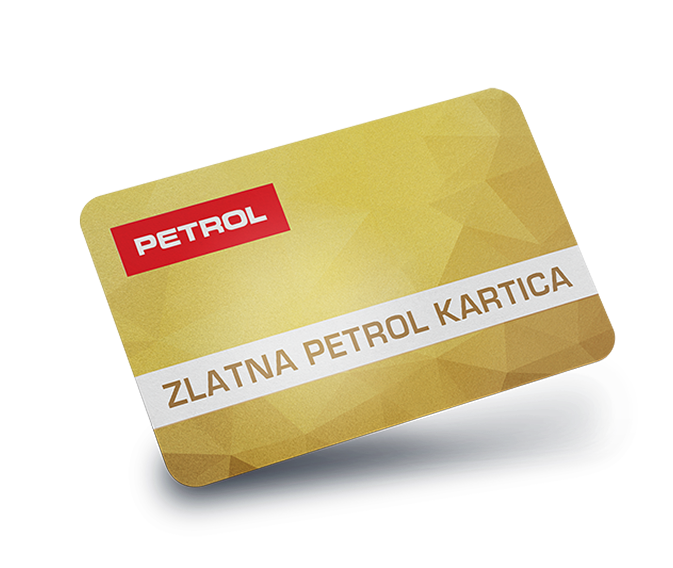 Zlatna Petrol kartica s crvenim logotipom Petrol na tamnoj pozadini.