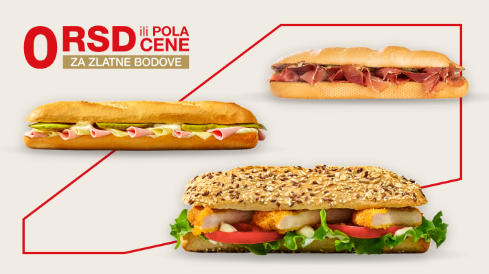 Tri različita sendviča uz istaknutu pogodnost od 0 RSD ili pola cene za Zlatne bodove.