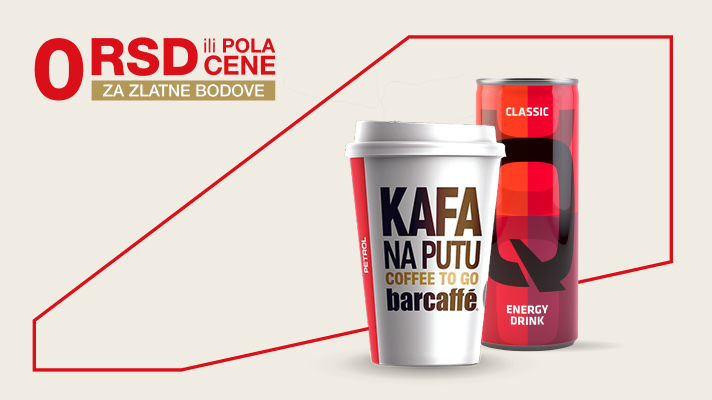 Kafa za poneti i energetsko piće uz istaknutu pogodnost od 0 RSD ili pola cene za Zlatne bodove.