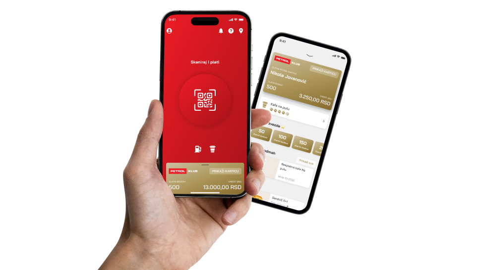 Ruka drži pametni telefon sa otvorenom Petrol aplikacijom i prikazom QR koda za skeniranje i plaćanje, dok je u pozadini prikazan ekran sa stanjem Zlatnih poena i pogodnostima.