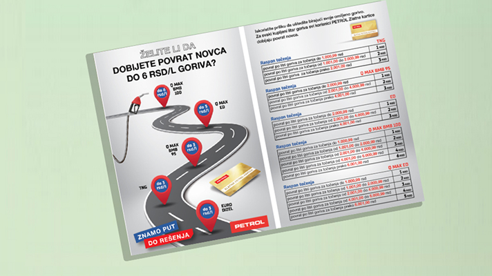 Otvoren katalog sa prikazom pogodnosti Zlatne Petrol kartice, ušteda i načina korišćenja Zlatnih bodova.