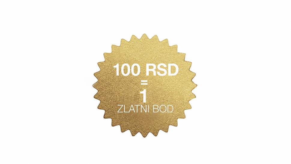 Zlatna oznaka sa natpisom ‘100 RSD = 1 Zlatni bod’