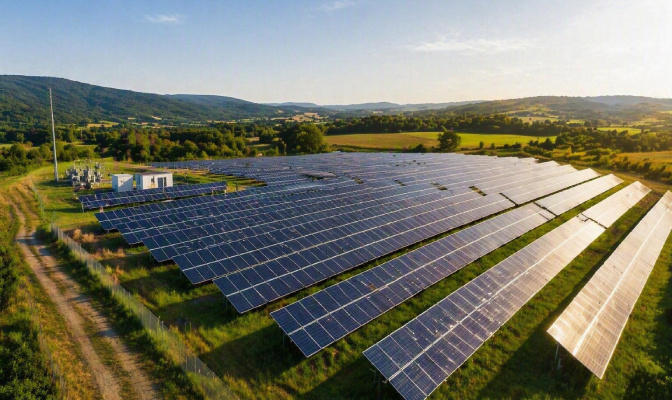 Na slici je solarna elektrana sa redovima fotonaponskih panela postavljenih na otvorenom prostoru.